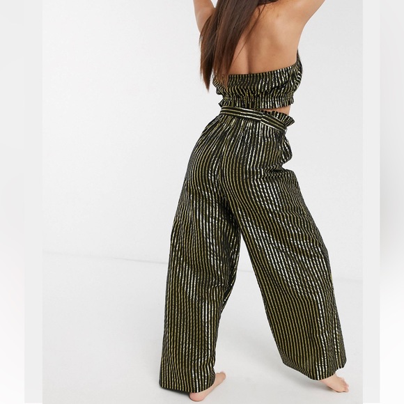 ASOS Petite Gold Metallic Stripe Bandeau Tube Top with Paper-bag High Waist Pant - Picture 4 of 15